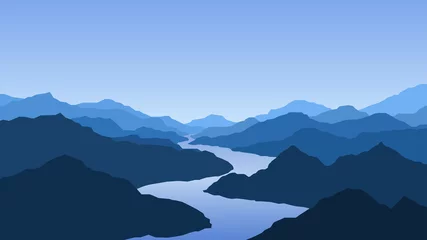 Poster Vectorbehang met een landschap, bergen en rivier © lidiia