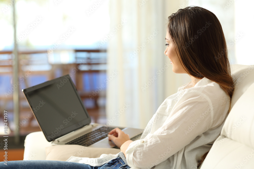 Sticker woman using a laptop at apartment