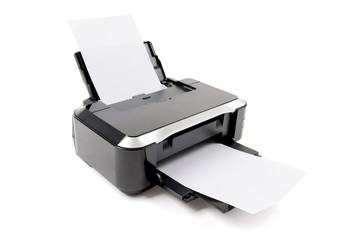 Printer and paper isolated on white background