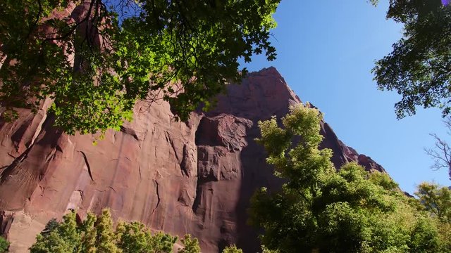 Red cliff walls rise from the greenery at the bottom of Kolob Canyon in southern Utah.