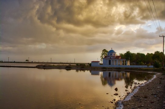 Panorama of the church of Agios Nikolaos in Tourlida Mesologi, Greece
