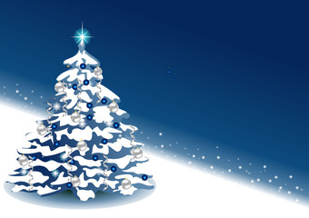 New Year blue background with place for text. Christmas tree with balls. EPS 10