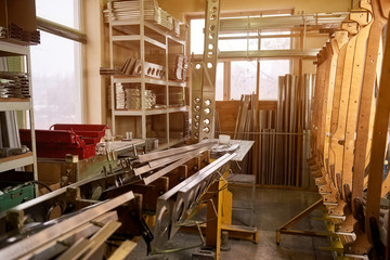 Workshop storage room. New airplane parts.