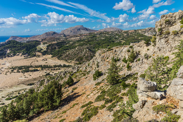 Naklejka premium Stony landscape of the Tsambika mountain on the Rhodes Island, Greece