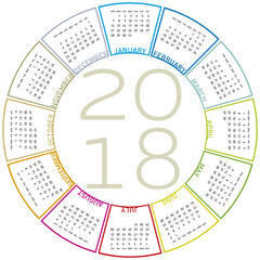 Colorful calendar for 2018. Circular design. Week starts on Sunday