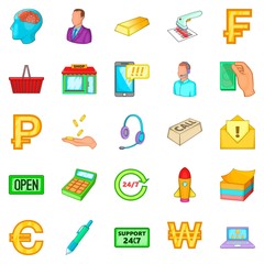 Business day icons set, cartoon style