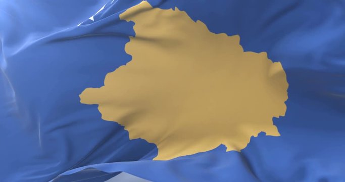 Flag of Kosovo waving at wind with blue sky in slow, loop