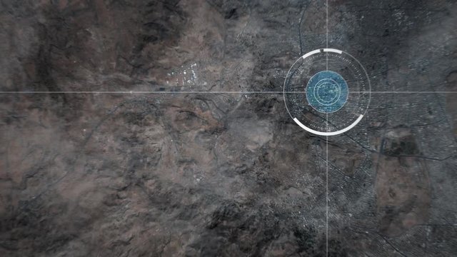 Surveillance drone camera scanning a city in the middle east desert, POV of drone or satellite with HUD and heat camera monitoring Sanaa in Yemen
