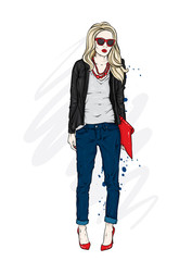 Beautiful girl in fashionable clothes. A stylish woman with long hair in trousers, a jacket and glasses. Vector for greeting card or print on clothes. Fashion, style, clothing and accessories. - 183256102