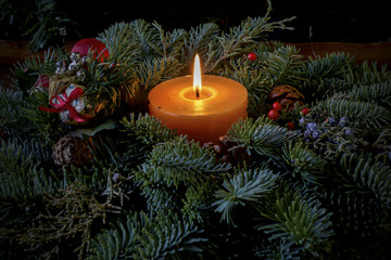 Chrismtas decoration with candle and fur