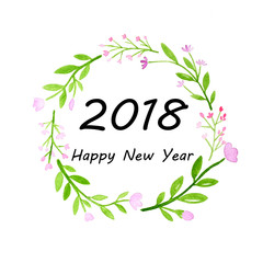 Happy new year 2018 on watercolor hand painting flowers wreath over white background, new year greeting card, banner
