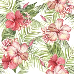 Papier Peint photo Hibiscus Modèle sans couture tropical. Feuilles de palmier et hibiscus. Illustration aquarelle dessinée à la main.