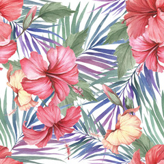 Tropical seamless pattern. Palm leaves and hibiscus.Hand draw watercolor illustration.