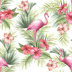 Tropical isolated seamless pattern with flamingo.Hand draw watercolor illustration