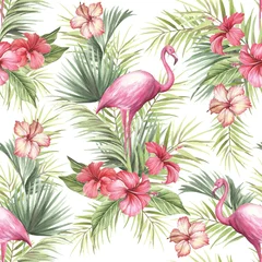 Papier Peint photo Flamant Modèle sans couture isolé tropical avec flamingo.Hand draw illustration aquarelle