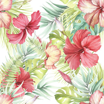 Tropical seamless pattern. Palm leaves and hibiscus.Hand draw watercolor illustration.