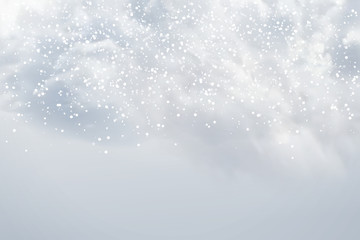 Vector realistic isolated snow for decoration and covering on the blue sky background. Concept of Merry Christmas and Happy New Year.