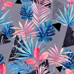 Abwaschbare Fototapete Aquarell Natur Moderne Kunstillustration mit tropischen Blättern, Schmutz, Marmortexturen, Kritzeleien, geometrischen, minimalen Elementen.