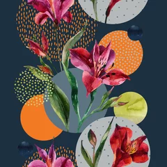 Wall murals Grafic prints Watercolor decorative flowers and leaves, circle shapes filled with watercolour, minimal doodle textures on background.