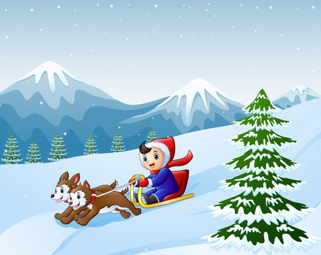 Cartoon boy sledding down on the snow pulled by two dogs