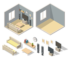 Isometric living room interiors vector 3d set