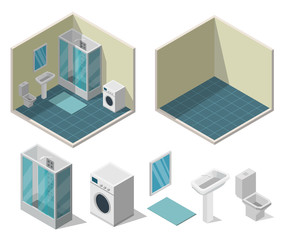 Bathroom isometric interior vector illustration modern of flat background.