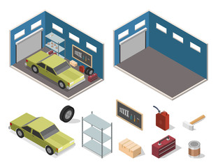 Isometric car garage repair building service big set