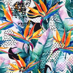 Wall murals Paradise tropical flower Watercolor tropical seamless pattern with bird-of-paradise flower. Exotic flowers, leaves, smooth bend shape filled with doodle, minimal, grunge texture. abstract background. Hand painted illustration