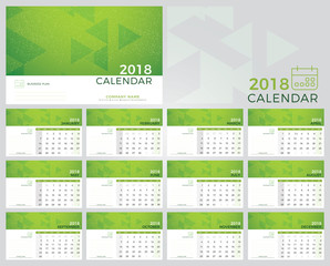 Calendar Green Planner 2018 year. Calendar plan simple minimal wall and desk type template abstract background. Week starts from sunday