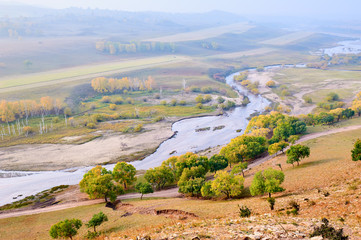 Fototapeta na wymiar The autumn steppe sunrise landscape.