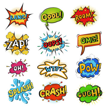 Pop art comic bubbles vector cartoon speech popart style in humor expression bubbling text set isolated on white background illustration