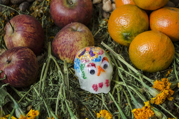 Sugar skull, oranges and flowers. Part of a mexican Day of the Dead offering altar