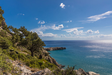 Fototapeta na wymiar Coastline landscape from the Tsambika mountain on the Rhodes Island, Greece