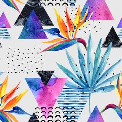 Foto op Plexiglas Watercolor exotic flowers, leaves, grunge textures, doodles seamless pattern in rave colors © Tanya Syrytsyna