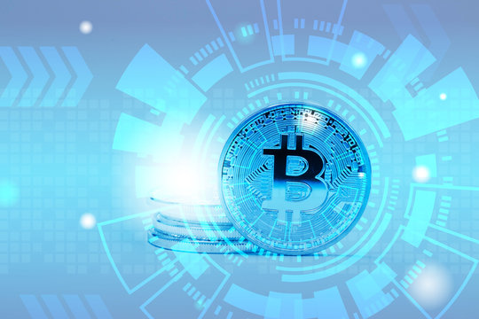 Double exposure of Bitcoin with technology graphic design background