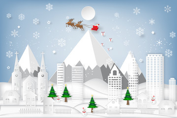 Obraz na płótnie Canvas Santa Claus on Sleigh and Reindeer over Snowman on snowflakes and cityscape background as holiday, merry christmas, paper art and craft style concept. vector illustration.