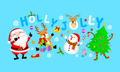 Funny Characters design with Christmas elements. Santa Claus, Snowman, Christmas tree and Reindeer. Holly jolly, Merry Christmas and Happy new year concept. Illustration isolated on blue background.