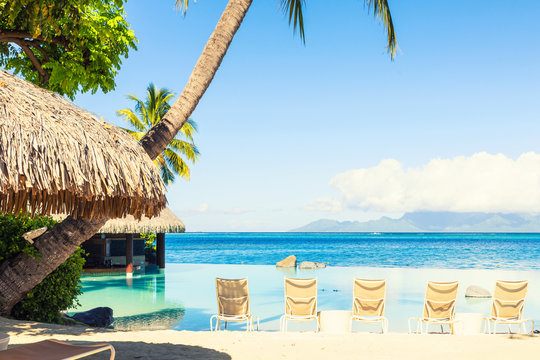 Tiki Hut Bar By Swimming Pool And Line Of Sun-loungers By Sea Side On A Bright Sunny Day