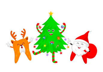 Christmas tooth characters, Santa Claus and Reindeer with Christmas tree. Emoticons facial expressions. Funny dental care concept. Illustration isolated on white background.