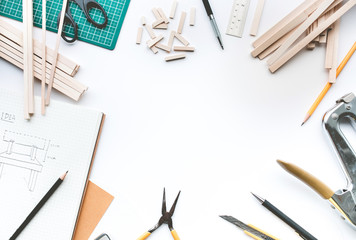Worktable with balsa wood material.Diy,design project,invention concept .