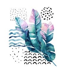 Abwaschbare Fototapete Grafikdrucke Kunstillustration mit tropischen Blättern, Gekritzel, Grunge-Texturen, geometrischen Formen im minimalistischen Stil der 80er, 90er Jahre.