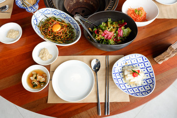 Dish, Fork, chopsticks and Korean pickle group for eat