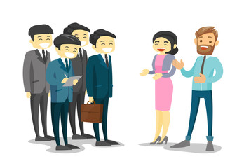 Group of Asian delegates listening to Asian business woman and Caucasian white businessman at the conference. Multiethnic delegates networking during conference. Vector isolated cartoon illustration.