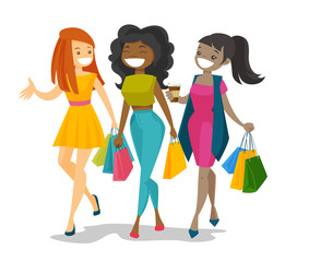 Three young happy multicultural friends shopping together. Cheerful smiling african-american and caucasian white women laughing and walking with shopping bags. Vector isolated cartoon illustration.