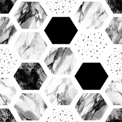 Behang Marmeren hexagons Aquarel zeshoek met strepen, water kleur marmer, korrelig, grunge, papier texturen.