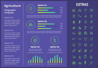 Agriculture infographic template, elements and icons. Infograph includes customizable graphs, four options, line icon set with agriculture food, farm animal, agricultural business, farming tools etc.