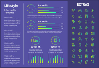 Lifestyle infographic template, elements and icons. Infograph includes customizable graphs, four options, line icon set with healthy food, sport exercise, training machine, leisure activities etc.