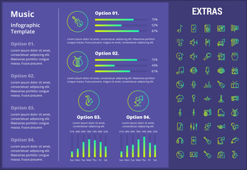 Music infographic template, elements and icons. Infograph includes customizable graphs, four options, line icon set with musical instruments, music notes, mic, smartphone with mobile application etc.