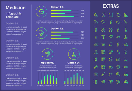 Medicine infographic template, elements and icons. Infograph includes customizable graphs, four options, line icon set with medical stethoscope, disable person, hospital doctor, first aid kit etc.