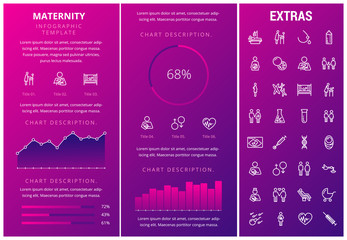 Maternity infographic template, elements and icons. Infograph includes customizable graphs, charts, line icon set with pregnant woman, breast feeding, child care, reproductive technologies etc.